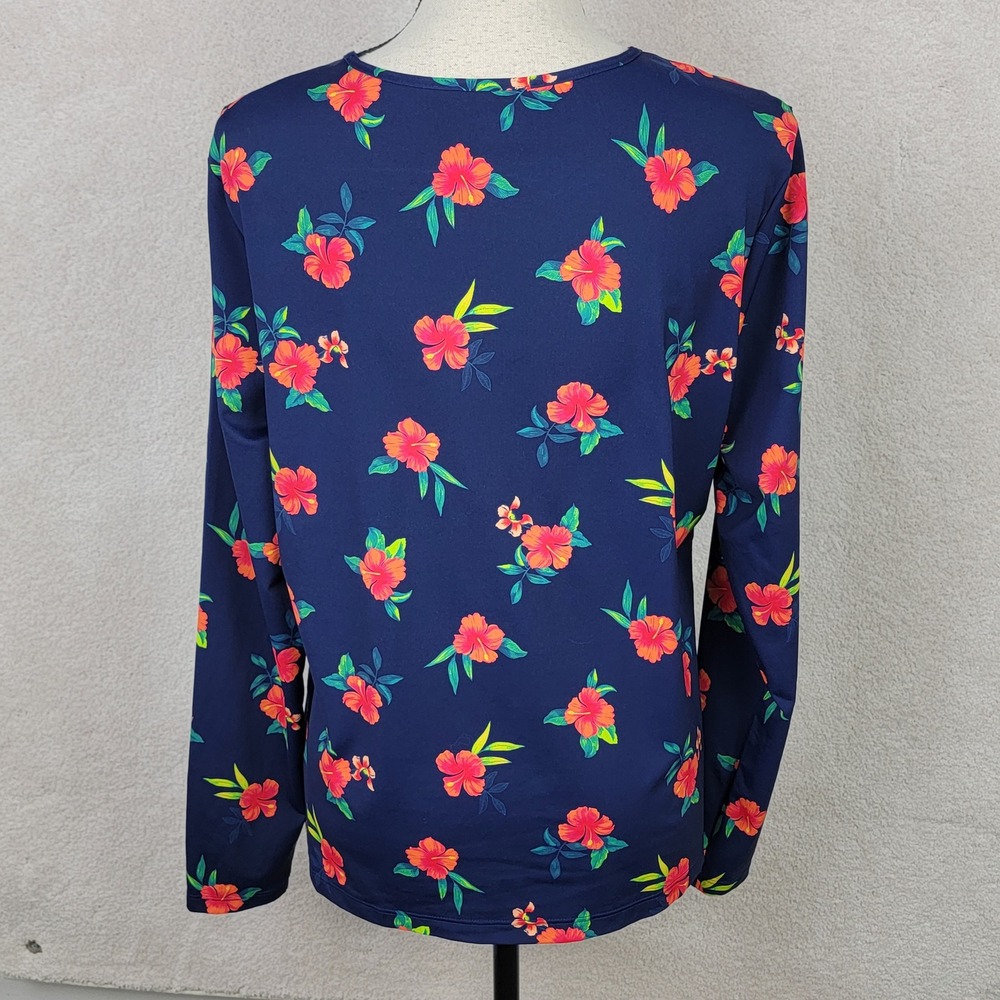 Lands' End Women's L 14-16 Navy Blue Tropical Hibiscus UPF 50+ Rash Guard Top - Picture 3 of 11